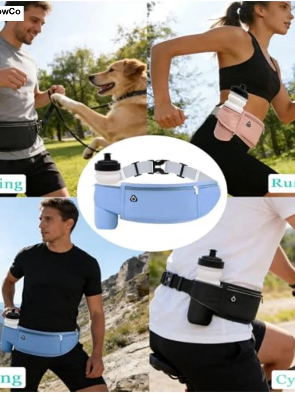 Running Belt with Water Bottle Holder, 3 Pockets, Crossbody Fanny Pack for Men